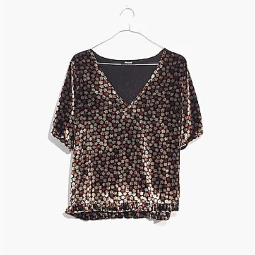 Madewell Velvet Tulip-Sleeve Ruffle Top in Petite Blooms, sz Medium